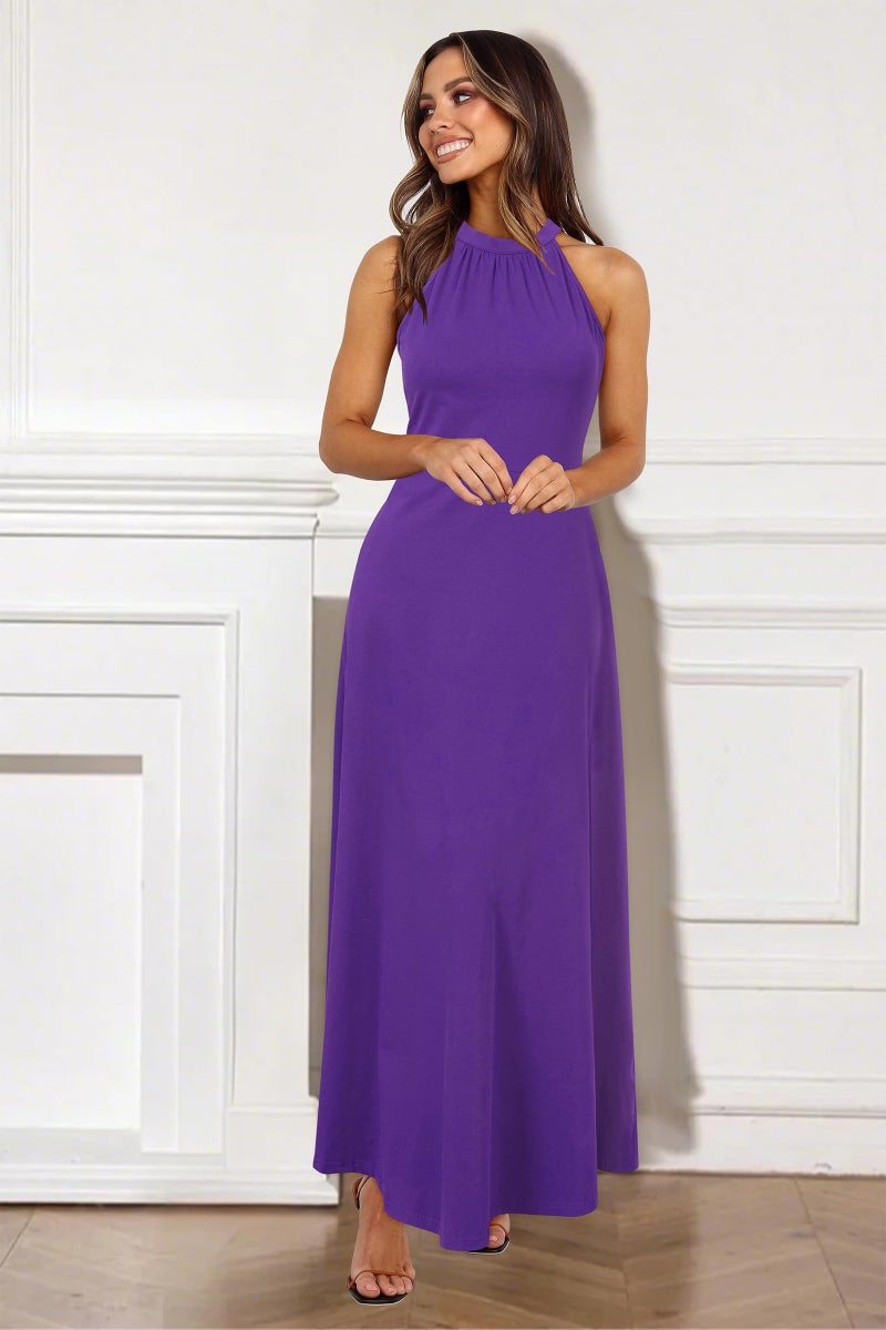 STYLEWORD Women's Summer Halter Neck Long Semi Formal Dress Sexy Sleeveless Cocktail Evening Party Wedding Guest Maxi Dresses(Purple,L) - Image 2
